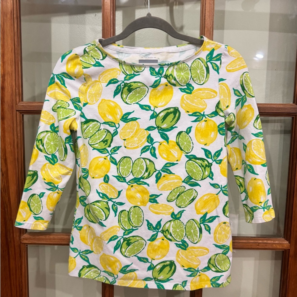Talbots Bateau Boat Neck Tee Lemon Lime Print Women’s Small Petite 3/4 Sleeves